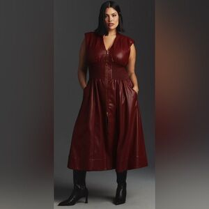 Anthropologie The Tommie Cap-Sleeve Smocked Front-Zip Shirt Dress in Burgandy